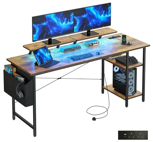 DOMSHOCT Gaming Desk with LED Lights & Power Outlets, Reversible Computer Desk with Storage Shelves & Dual Monitor Stands, for Home Office & Study, 140×50cm Brown