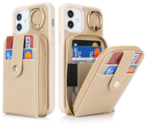 SailorTech iPhone 12 Case Ring Stand with Credit Card Holder for Women, iPhone 12 Pro Leather Case Wallet with Credit Card Slots Zipper Case for iPhone 12/12 Pro-Beige