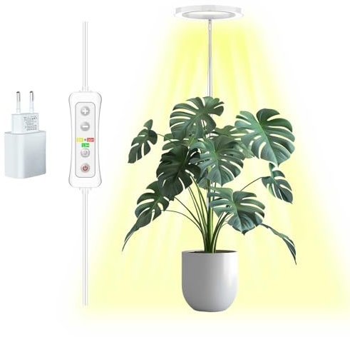 beautiebeam Lámpara LED espectro completo para plantas, Luz de crecimiento ajustable 35-155cm, Temporizador 8/12/16h, 10 niveles, Cable 4m, 5V, Blanco