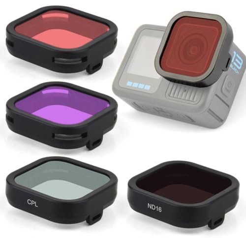 GEPULY Filtro subacqueo per GoPro Hero 13, accessori neri, confezione da 4 filtri Go Pro, set di filtri CPL/ND16/rosso/magenta, accessorio subacqueo a densità neutra polarizzatore circolare correzione