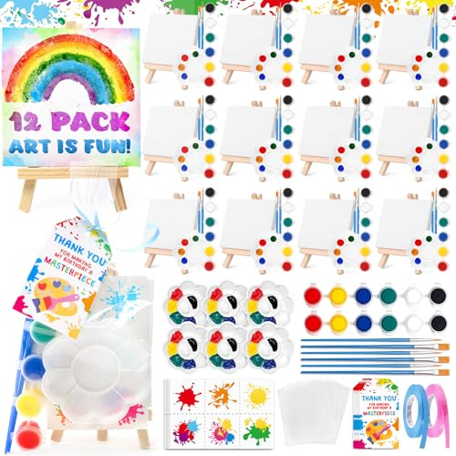 Lot de 12 mini sacs à dragées sur toile à faire soi-même – Comprend chevalet, peinture acrylique, tatouages éclaboussures, pinceaux et palettes – Cadeaux de fête pour enfants avec sacs cadeaux et