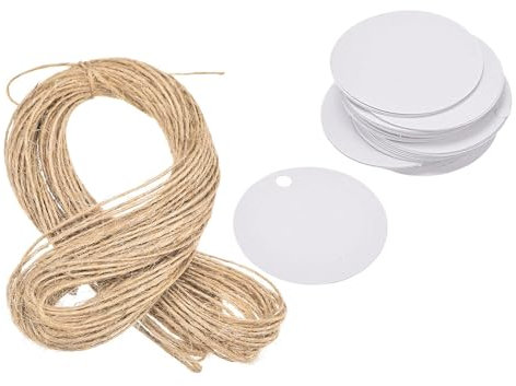 TOP-VIGOR Runde Papieranhänger, blanko, zum Aufhängen, für Geschenkanhänger, Party, Hochzeit, Kleidung, Preisschilder mit Bindfaden, weiß, 40 mm Länge, 100 Stück