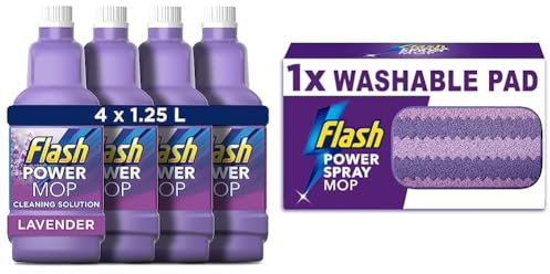 Flash Power Spray Mop Refills Bundle Value Pack, Lavender Refill Liquid 5 Litres (1.25 L x 4) & 1 Washable Pad