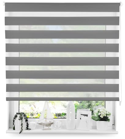Tom'Shop Doppelrollo Duo Rollo mit Schrauben Graphit 150cm x 220cm | Fensterrollo Seitenzugrollo mit Bohren für Lichtschutz Sichtschutz Sonnenschutz leichte Montage