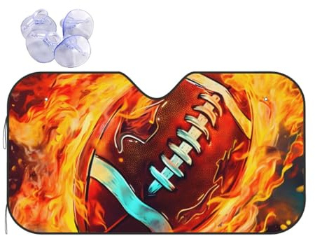 Windshield Sun Shade Keep Vehicle Cool, Flame American Football In Cartoon Style Auto Shade for Car Truck SUV Van Blocks UV Rays Sun Visor Protector