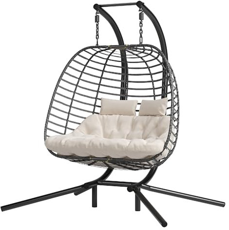 Double Hanging Egg Chair wth Stand, Patio Hammock Swing Chair with Cushion Loveseat for Bedroom, Balcony, Garden, Indoor, Outdoor, Beige