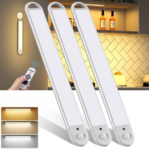 Schrankbeleuchtung mit Bewegungsmelder 30CM,3 Stück Unterbauleuchte Küche LED mit Fernsteuerung, 3 Farbtemperaturen Dimmbar, wiederaufladbares Nachtlicht zum Aufhängen für Schrank, Treppe, Badzimmer