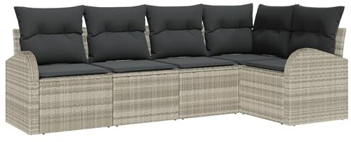 vidaXL 5 Teile Garten Sofa Set mit Kissen Hellgrau Poly Rattan, 2-Sitzer Garten Sofa mit Stauraum & Kissen Hellgrau Poly Rattan
