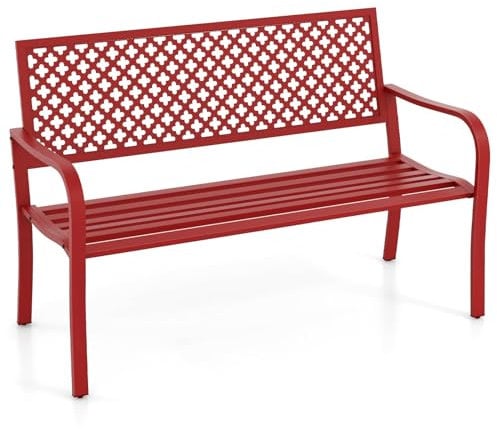 FANTASK Gartenbank Metall, 127 x 62 x 86 cm, Parkbank für 2-3 Personen, Gusseisenbank mit Rückenlehne und Armlehnen, Rot Metallbank, Langlebig, Leicht zu reinigen