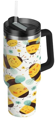 Niigeu Dessin Animé Grosse Abeille Bouteille d'eau Isotherme avec Paille en Acier Inoxydable Gourde, Sans BPA Gourdes Eau pour Enfant Sport Randonnée École Bureau