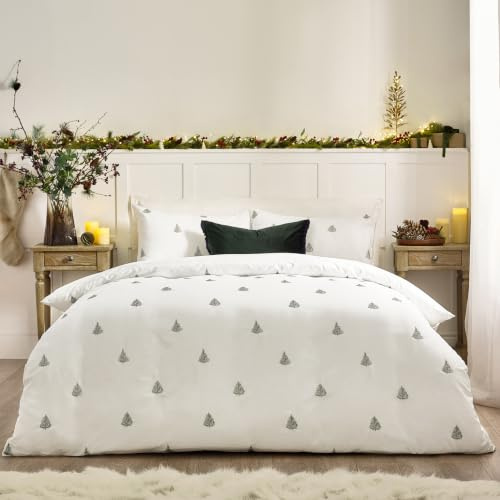 furn. Wylder Winter Forest Duvet Cover Set (White - King) | 100% Cotton Woodland Pine Tree Embroidered Bedding