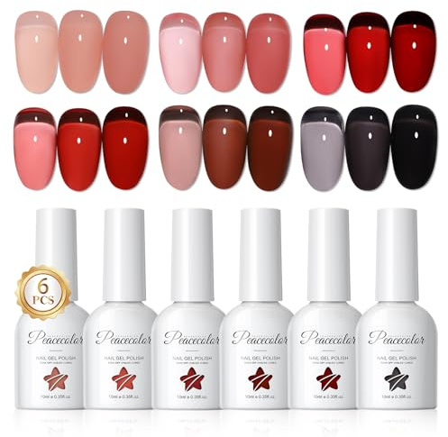 PEACECOLOR Gel Nail Polish - 6 Colours 10ML Jelly Gel Polish Set Burgundy Red Black Colours Soak Off Translucent Long Lasting Nail Polish Salon DIY Nail Art for Beginners Home Gift for Women