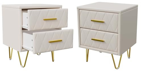 Nachttisch 2er Set, Beige Nachttisch Gepolstert Mit 2 Schubladen, Nachtkästchen Nachtschrank Schmal Mit Goldenen Metallbeinen Und Griffen, Modern Nachtkommode Beistelltisch Für Wohnzimmer Schlafzimmer