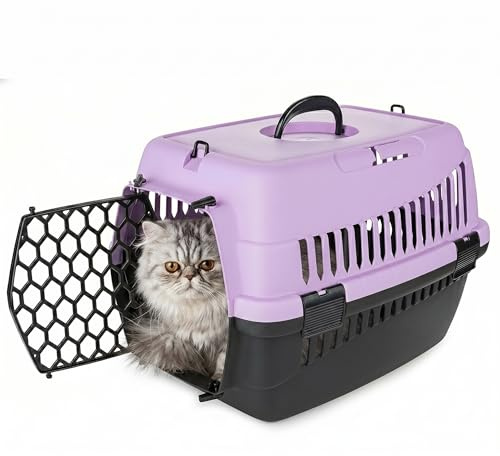 HAPPET Transportbox Katze ABBA M Lila 56x37x37 cm – Stabile Tiertransportbox aus Kunststoff mit abnehmbarem Gitter & Belüftung, sichere Transportbox für Katzen, kleine Hunde & mittelgroße Hunde