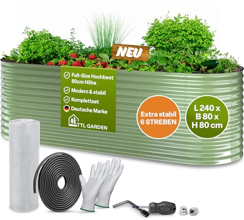TTL GARDEN 240x80x80cm Nature L Metall Hochbeet Salbei Grün - Stahl rostfrei verzinkt & lackiert Wellblech oval 80cm hoch sehr stabil Garten Beet für Gemüse Kräuter Blumen Gartenbeet Gemüsebeet