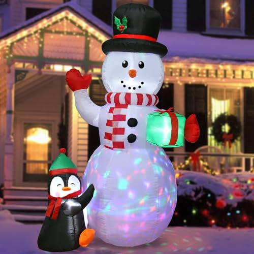 Quntis 1,8m Aufblasbare Weihnachtsdeko Schneemann, 3 Bunte LEDs Gebläse, IP44 LED Beleuchtete Weihnachtsfiguren Snowman Pinguin für Außen Innen Rasen Garten Hof Haus