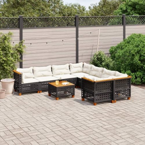 QJBSAVVA 9tlg Gartenlounge Set Schwarz Poly Rattan Eckbank mit Akazienholztisch 63x63 cm platzsparend für kleine Balkone Terrassen Sitzgruppe Outdoor