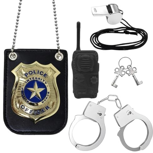 Polizei Kostüm Zubehör Polizei Set Ausrüstung mit Handschellen Kostüm, Polizeimarke, Pfeife, Walkie-Talkie, Schlüssel für Cosplay, Karneval, Mottoparty, Maskerade