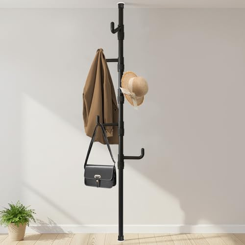 Porte-manteau extensible télescopique avec 5 crochets, noir | Porte-manteau peu encombrant - 110 cm à 310 cm - Barre à vêtements stable en métal pour manteau, veste, chapeau, écharpe