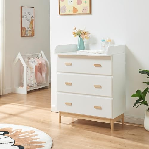 [en.casa] Wickelkommode Sarievn 100 x 80 x 53 cm Wickeltisch mit abnehmbarer Wickelauflage Kommode mit 3 Schubladen Weiß
