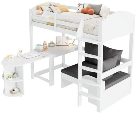 I0I&I0I Hochbett Für Kinder 90x200 cm Mit Leiter Ausziehbarem Tisch Sofa Stauraum Kissen Polster Lagerregalen Kinderzimmermöbel Spiel Schlafbereich