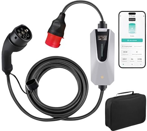 Junsun Typ 2 Ladekabel, 11kW, 16A, 5m, IP65, unterstützt App-Steuerung | 3 Phase, tragbare Wallbox mit 6-16A Stromregelung mit Steuerbox in Silber, Ladezeiten programmieren