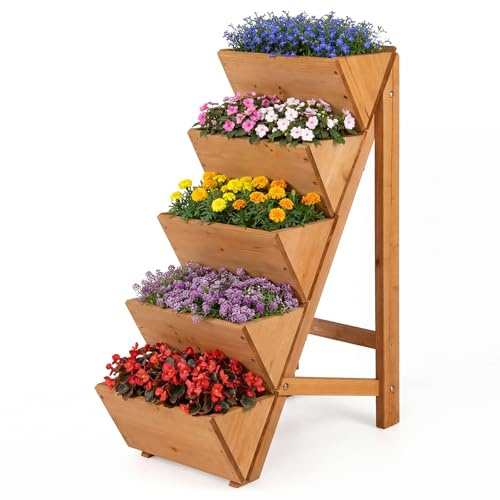 COSTWAY 5-Tier Raised Garden Bed, Vertical Wooden Garden Planter with Legs, Indoor Outdoor Elevated Flower Herb Growing Box for Patio Yard Balcony