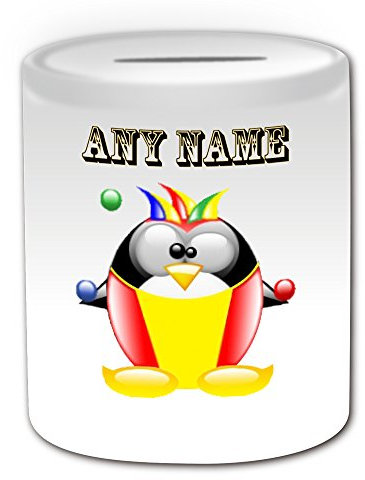 UNIGIFT Personalisiertes Geschenk – Clown-Spardose (Pinguin im Kostüm-Design, weiß) – jeder Name/Nachricht auf Ihrem einzigartigen – Sparschwein – Joker-Bälle
