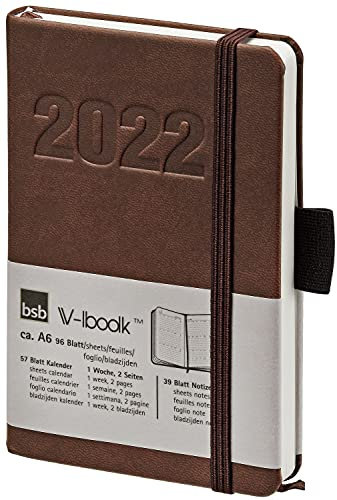 bsb Terminkalender Wochenplaner Taschenkalender Buchkalender, 2026, ca. A6, braun, weiches Kunstleder, mit Gummiband, 1 Woche = 2 Seiten, bsb V-Book, 02-0132