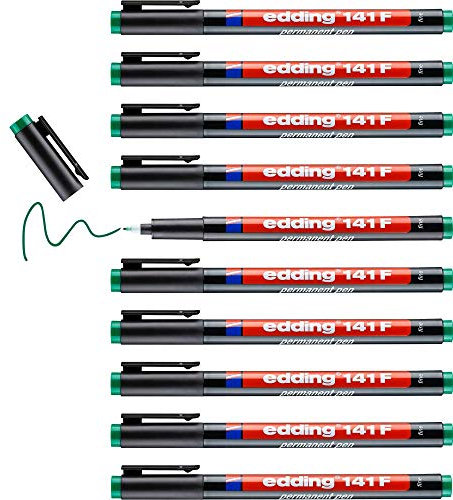 edding 141 F permanent pen - green - 10 pens - round nib 0.6 mm - pen for writing on glass, plastic, foils and smooth surfaces - permanent, quick-drying, smudge-proof and waterproof