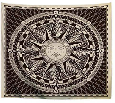 A.Monamour Arazzo da Parete Classico Vintage Rotondo Nautico Sole Rosa Dei Venti Ornamenti Etnici Tribali Stampa Telo Tessuto Tenda Tovaglia Copriletto Copridivano Arazzi Murale Decorazione