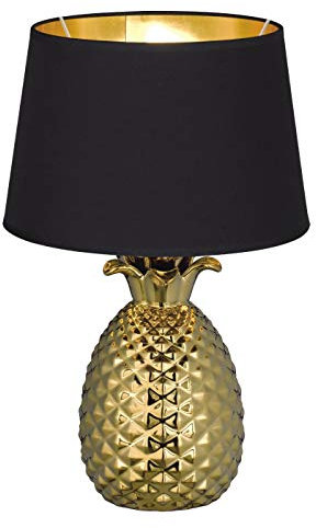 Reality Leuchten Pineapple R50431079 Tischleuchte, Keramik, Stoffschirm Schwarz/Gold, Höhe 43cm