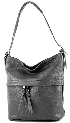modamoda de - T178 - ital. Umhängetasche Schultertasche aus Leder, Farbe:Graphitgrau
