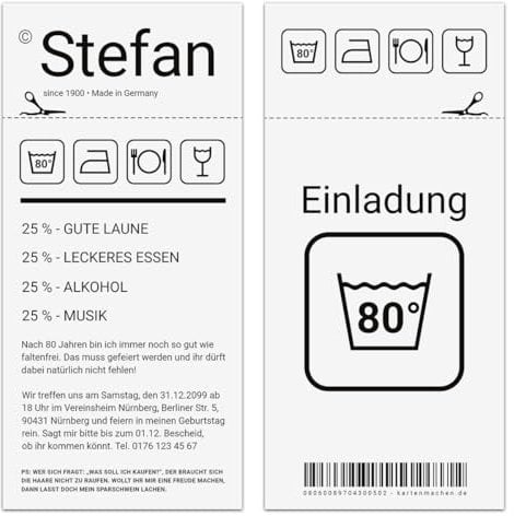 Personalisierte 10-100x Einladungskarten runder Geburtstag 80 Jahre Grad Geburtstagseinladungen - Waschanleitung