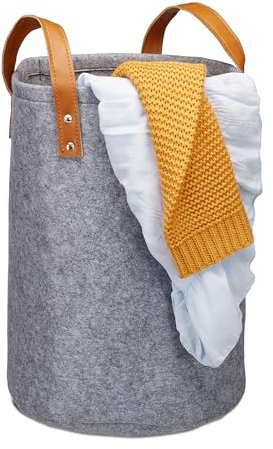 Relaxdays Wäschekorb Filz, Tragegriffe aus PU-Leder, 28 l Aufbewahrungskorb Kinderzimmer, Bad, HxD 45 x 30 cm, anthrazit, 1 Stück