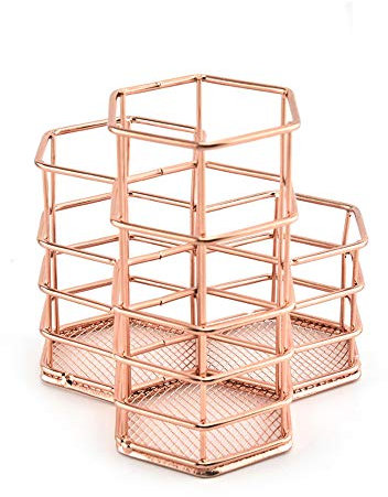 Grneric Pot à stylos hexagonal or rose, moderne et élégant, porte-stylo en métal, triple support en maille, rangement de crayons et pinceaux