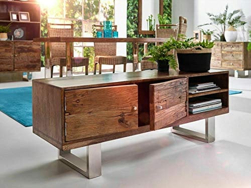 Lowboard Sleeper 7200 Mangoholz Massiv Almond Stahl 2 Türen 2 Ablagen TV-Tisch