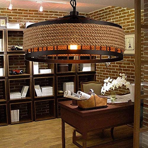 Hängelampe Vintage Seilampe Pendelleuchte Deckenleuchte E27 Retro Industrie Pendellampe Eisen Loft Kronleuchter Rustikal Hanfseil Eisen Leuchter Wohnzimmer Runde Hängend Eisen Käfig Deckenlampe 1 Head