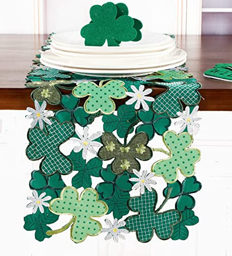 GRANDDECO St. Patrick's Day Tischläufer, 33 x 137 cm, bestickt, mit Kleeblatt-Motiv, für Zuhause, Küche, Esszimmer, Frühling, irisches Festival, Tischdekoration