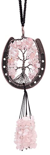 Nupuyai Rose Quartz Horseshoe Tree of Life Hanging Ornament, Reiki Healing Stones Feng Shui Crystals Home Window Wall Art Good Luck Wedding Decor