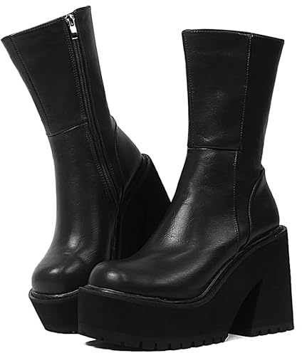 AMINUGAL Womens Wedge Heel Ankle Boots Platform Zipper Punk Motorcycle Booties Chunky Block High Heel Round Toe Fashion Work Combat Boots Mid Calf For Women