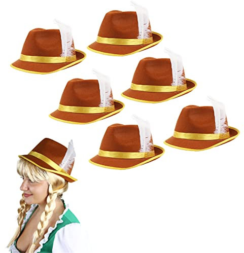 Damen Bayerische Mütze - 6er Pack - Braun und Gelb Oktoberfest Bayerische Mütze mit Feder Detail - Erwachsene Deutsch Tiroler Trilby Fasching Zubehör