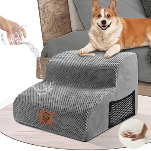 ZNM Escalier pour Chien, Escalier Chien à 2 Marches en Mousse à Haute avec Housse Amovible et Lavable, Escaliers pour Petits Animaux Antidérapant pour Lit et Canapé - Gris