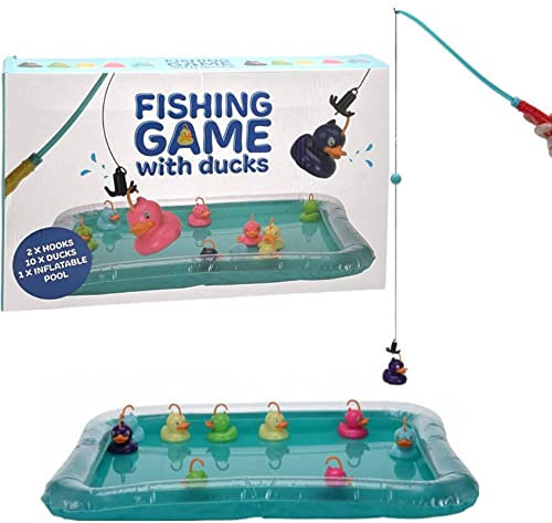 TOUS LES CADEAUX Jeu de Pêche aux Canards Taille XXL, avec 2 Cannes à pêche, 10 Canards et 1 Piscine Gonflable de 55 x 45 cm