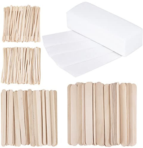 400Pcs Wax Strips Sticks Kit, BOJVESH 300 Small Medium Large Wooden Wax Applicator Sticks Eyebrow Wax Spatulas and 100 Non-Woven Paper Wax Strip for Face Body Hair Removal Women Men
