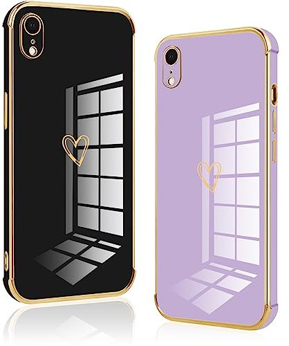Vauki 2 Stück für iPhone XR Hülle, Silikon Handyhülle Herz Motiv Schutzhülle Kameraschutz Stoßfest Bumper Case für iPhone XR - Schwarz und Lila