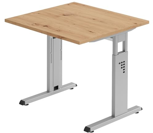 Bümö höhenverstellbarer Schreibtisch O-Serie 80x80 cm in Asteiche, Gestell in Silber - PC Tisch klein für's Büro manuell höhenverstellbar, Computertisch verstellbar