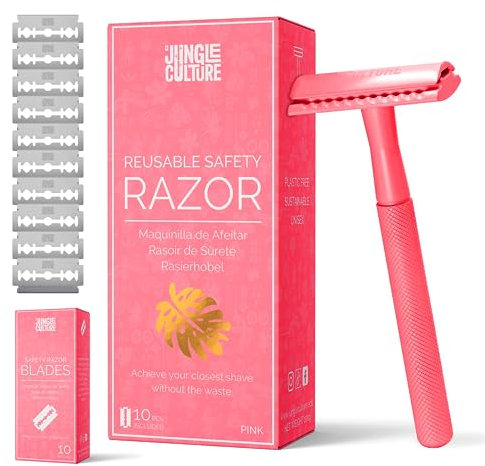 Jungle Culture® Rasierhobel Damen und Herren inkl. 10 Klingen • Nassrasierer für Frauen in Heißes Rosa • Einzelklingen Metall Rasierer für Körper & Gesicht mit eBook Rasierführer • Safety Razor