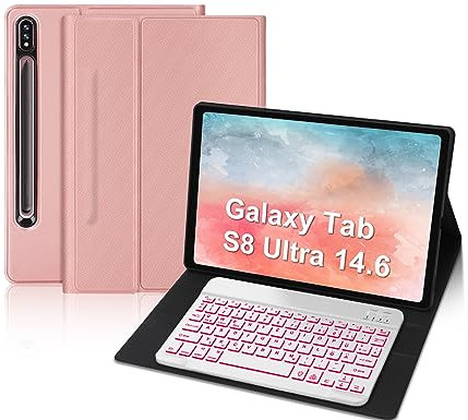 IVEOPPE Samsung Tab S8 Ultra Hülle mit Tastatur 2022, Tastatur für Galaxy Tab S8 Ultra 14.6, Magnetisch Abnehmbarer Tastatur Samsung S8 Ultra mit QWERTZ Layout Pencil Halter, Rosa