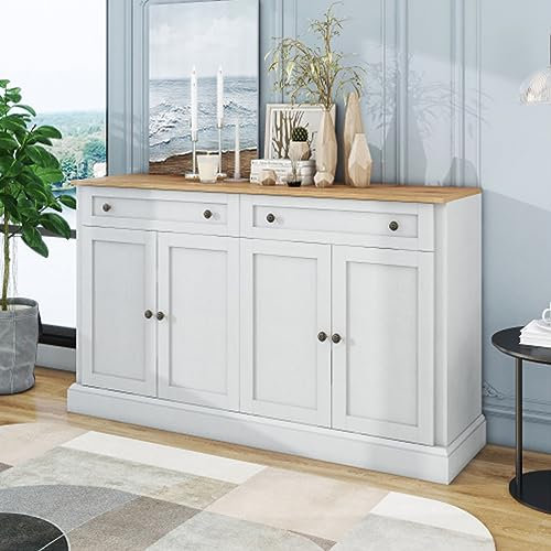 Großes Sideboard Mit 4 Türen Und 2 Schubladen Buffetschrank Für Schlafzimmer Esszimmer Küche Wohnzimmer Beistellschrank Schrank Standschrank Kommode Anrichte Antikweiß+Naturholz